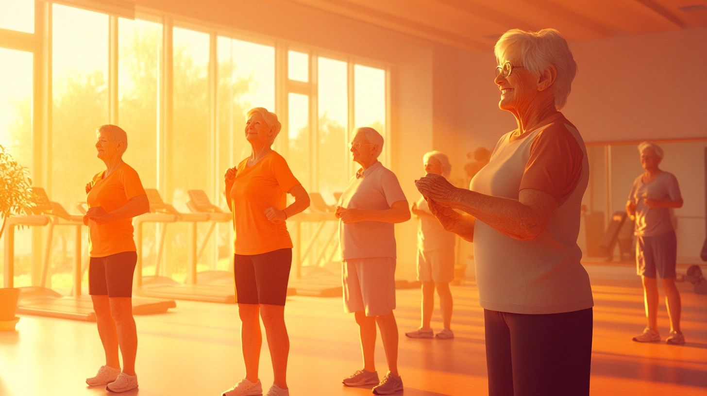 Група активних пенсіонерів під час фітнес-тренування